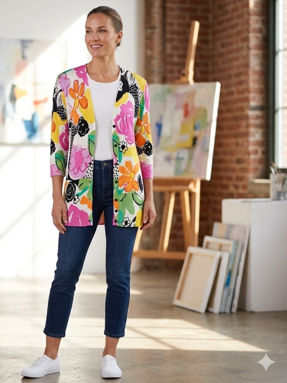 Vibrant Floral Cardigan - Pink, Yellow, Green, Black polka dots